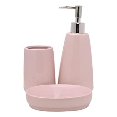 Imagem de Mimo Style Jogo de Banheiro Pale Rosa Claro Inteiramente de Cerâmica. Conjunto de 03 Peças: Porta Sabonete (410ml), Saboneteira e Porta Escova. Elegante, Combina Com Qualquer Estilo de Decoração