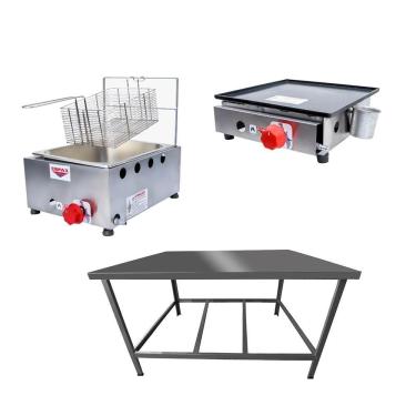 Imagem de Kit Lanchonete Mesa de Manipulação 100x55cm + Fritadeira a Gás 1 Cuba + Chapa a Gás 30cm Alcamar