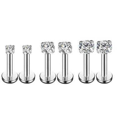 Imagem de Piercings de zircônia cúbica de aço inoxidável com 16 g CZ Labret Cartilagem Tragus Monroe Labret Brincos de hélice para nariz de hélice 2 mm 3 mm 4 mm 3 pares