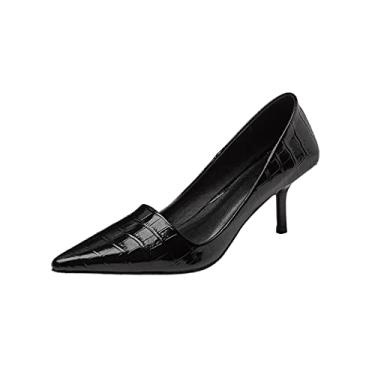 Imagem de TinaCus Mocassim feminino de couro genuíno feito à mão, bico fino, salto agulha médio, Preto, 37