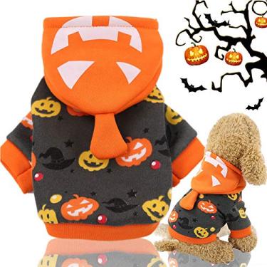Imagem de SEIS Moletom com capuz para cães de desenho de Halloween com chapéu roupas engraçadas para gatos tigre dinossauro pato abóbora design quente para animais de estimação fantasia de quatro patas para cães pequenos e médios (abóbora, P)
