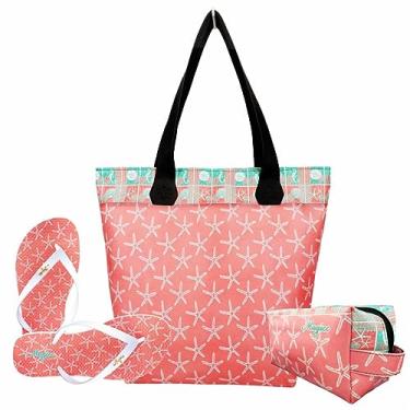 Imagem de Kit Praia Feminino Estrela-do-Mar Salmão com Bolsa, Necessaire e Chinelo, Magicc