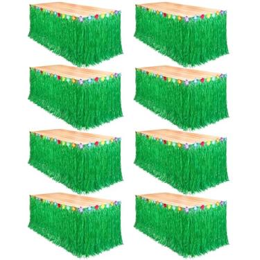 Imagem de Fovths Pacote com 8 saias de mesa de grama Luau Natural 2,5 x 75 cm Saia de mesa havaiana para decorações de festa havaiana tropical festa de luau festa à fantasia, verde