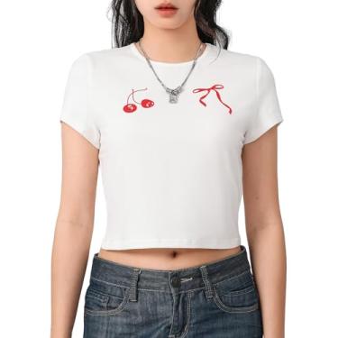 Imagem de Camiseta feminina Y2K Baby Short Summer Bow/Fruit Print Short Sleeve Slim Fit Summer Crop Top para meninas adolescentes, Vermelho, M