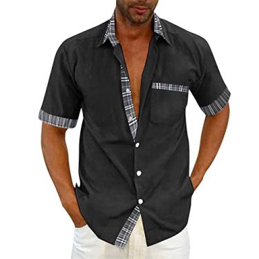 Imagem de Camisa masculina casual de linho de algodão manga curta xadrez leve abotoada camisa cubana férias praia camisas sociais, 011 - Preto, 3G