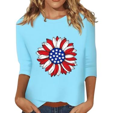 Imagem de Camisetas femininas 4 de julho manga 3/4 de verão, bandeira americana, retrô, gola redonda, festival, túnica, Azul-celeste, 4G