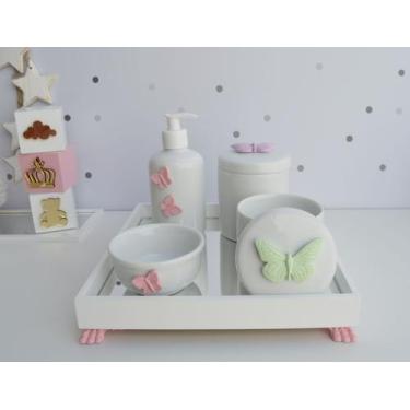 Imagem de Kit Higiene Porcelana Bebê Banho Cuidado Quarto K014 Borboleta - Ciran