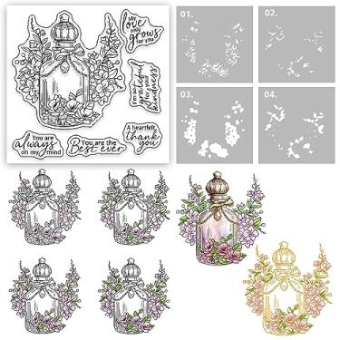 Imagem de Conjunto de frascos de perfume e rosas flores florais vintage transparentes, moldes de corte de metal, estênceis e placa de folha quente com caixa de envelope para fazer cartões, álbuns faça você