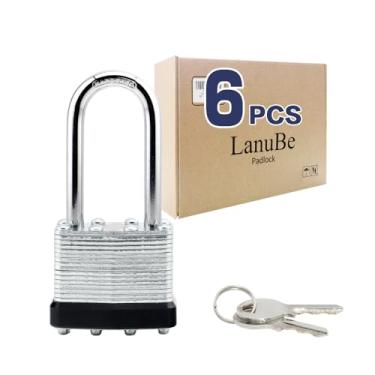 Imagem de LanuBe Cadeado com chave laminado (1-9/40.6 cm, 40 mm), fechaduras semelhantes com chave, manilha longa, aro de plástico preto marcado, pacote com 6