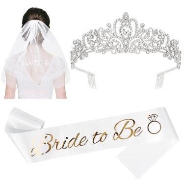 Imagem de Decorações de despedida de solteira, tiara de noiva, faixa e véu de casamento, coroa de chá de panela, véu de noiva e faixa para mulheres, acessórios de despedida de solteira, suprimentos,