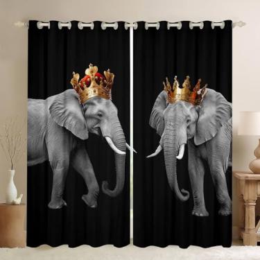 Imagem de Cortinas de janela de casal de elefantes, cortinas de decoração de casa de animais selvagens tropicais africanas 3D para sala de estar, cortinas de janela duráveis com coroa de rei e rainha douradas
