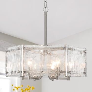 Imagem de KLJCJF Lustre Moderno De Vidro Texturizado, Lustre De Cristal De Luxo De 18,7" Em Níquel Escovado, Luminária Pendente Hexagonal Estilo Fazenda Para Sala De Jantar, Cozinha, Sala De Estar, Corredor,