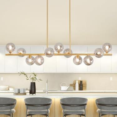 Imagem de Wvsrbyr Lustres Modernos Para Sala De Jantar, 11 Luzes, Luminária De Sala De Jantar, Lustre Linear Dourado Com Globo De Vidro Cinza Fumê, Lustres Sputnik, Grandes Luzes Pendentes De Latão, Luz De Il
