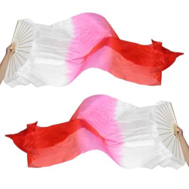 Imagem de PATIKIL Véu de seda para 16 leques de dança do ventre 150 cm, 1 par (esquerda + direita) ventilador de dança longo dobrável de madeira para apresentação de dança, rosa branca vermelha brilhante