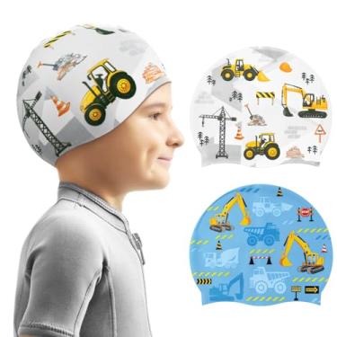Imagem de Pacote com 2 toucas de natação infantis duráveis de silicone para meninos e meninas, bonés de natação à prova d'água para piscina confortáveis (caminhão azul)