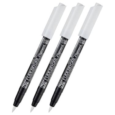 Imagem de Kuretake Conjunto de 3 Canetas Brancas Leitosas ZIG FUDEBIYORI, Ponta de Pincel Rígido Flexível, Certificação AP, para Letras e Ilustrações, Feito no Japão