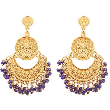 Imagem de Touchstone "Tribal Bohemian Chic" indiano Bollywood belas franjas e tema floral étnico sul indiano Chandbali lua designer de noiva lua brincos lustre para mulheres Azul