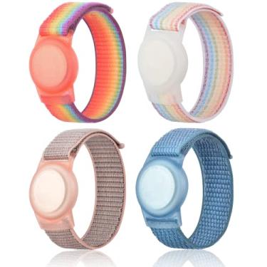 Imagem de Pulseira infantil compatível com Apple AirTag, capa protetora para rastreador GPS de nylon, pulseira de relógio ajustável antiperda para crianças e idosos, 4 unidades (Arco-íris, azul e rosa)
