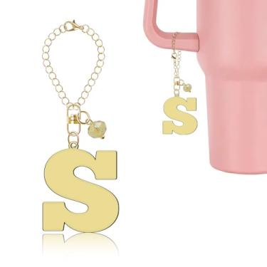 Imagem de Lukiisoo Corrente de garrafa de água dourada com pingente de cristal fofo, acessórios de pingente de letra para copo Stanley com alça, chaveiro inicial personalizado para carteira mochila e pingente