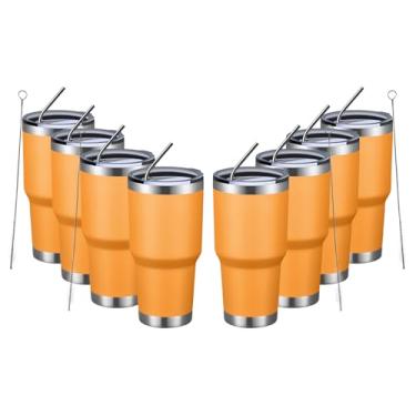 Imagem de MEWAY Copo isolado de 850 g com tampas e canudos, copo de café a vácuo duplo de aço inoxidável, escova, copo de café durável revestido em pó para bebidas frias e quentes, escritório, viagem (laranja,