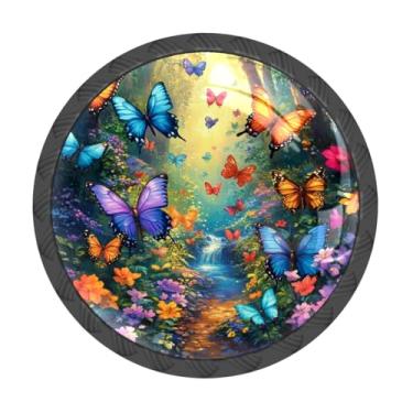 Imagem de MSINMKOK Pacote com 4 puxadores de armário coloridos borboletas florestais puxadores de gaveta de vidro cristal puxadores redondos para cômoda gaveta banheiro cozinha armários roupeiros ferragens