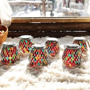 Imagem de Cooo Pacote com 4 lanternas solares de mosaico à prova d'água IP68 para pendurar luz de projeção com tampa oculta, lanterna em forma de pêra com cabo de corda alimentada por energia solar para mesa de