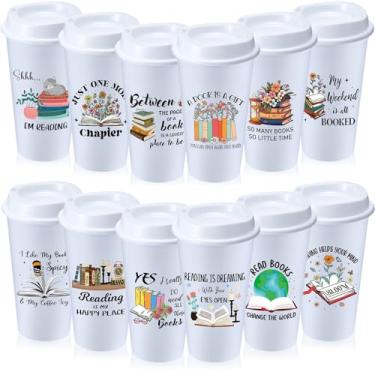 Imagem de FillTouch 12 peças presentes para amantes de livros 473 g xícaras de café reutilizáveis com tampas presentes de clube de livro de plástico para leitores ávidos, professores, bibliotecários (branco)