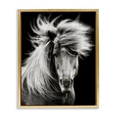 Imagem de Stupell Industries Cavalo de crina soprado pelo vento em tela flutuante em ouro preto emoldurado por PHBurchett, 25 x 31