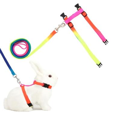 Imagem de Coleira de arnês de coelho com guia de nylon macio, adorável coleira de arco-íris colorida ajustável, correia de fivela para caminhada ao ar livre