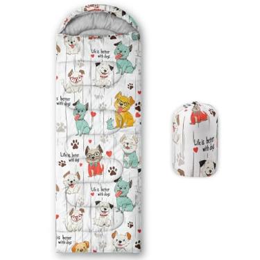 Imagem de QOOMO Sacos de dormir fofos com estampa de cachorrinho para acampamento, clima quente e frio, leve, sacos de dormir à prova d'água para adultos e crianças, viagens e ao ar livre, equipamentos de