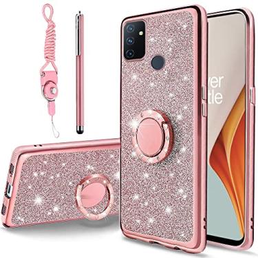 Imagem de B-wishy Capa para celular OnePlus Nord N100 com caneta Stylus, capa de TPU de silicone fofa com glitter de luxo para mulheres e meninas com suporte, anel de para-choque com strass brilhante, capa fina, rosa