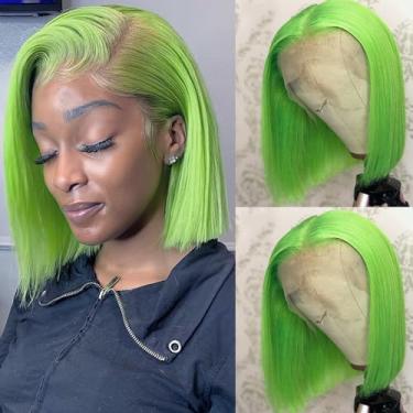 Imagem de Perucas de cabelo humano liso curto Bob sem cola cabelo virgem brasileiro 33 × 4 lace frontal parte do meio pré-aparadas com cabelo de bebê nós descoloridos para mulheres negras, 20 cm, verde-limão 180% densidade