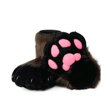 Imagem de BNLIDES Cosplay Animal Gato Lobo Cachorro Raposa Fursuit Pés Pata Garra Sapatos Botas Peludas Acessórios de Fantasia para Adultos, Café preto, Free Size