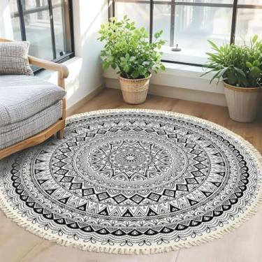 Imagem de Lacomfy Tapete Boho – Tapete redondo lavável de 1,8 m para quarto, casa de fazenda, tapete floral circular, tapete rústico de verão antiderrapante para sala de estar, sala de jantar, tapete boêmio