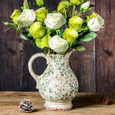 Imagem de Enra Vaso e jarro de cerâmica verde vintage grande para decoração de casa, vasos decorativos rústicos chinoiserie de 24 cm, vasos de cerâmica verde e bege para sala de estar, cozinha, escritório