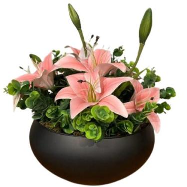 Imagem de Arranjo De Lírios Flores Rosa Folhagem Eucalipto Vaso Preto - La Caza 
