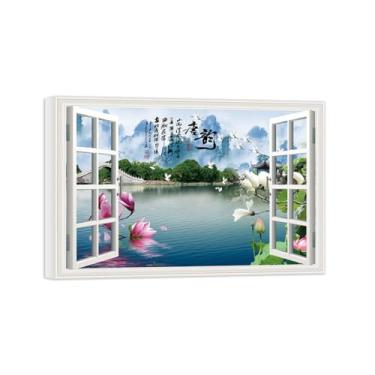 Imagem de Falsas Janelas Paisagens Impressões em Tela-Ponte árvores flores Lago-Quadro Arte Moderna-Natureza Pintura Pronta para Pendurar Tela Embrulhada 20x30cm