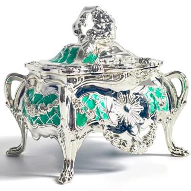 Imagem de Baú de joias de metal, alça de videira, caixa de anel de armazenamento de bugigangas, presente de lembrança de tesouro para meninas (ciano prateado, médio)