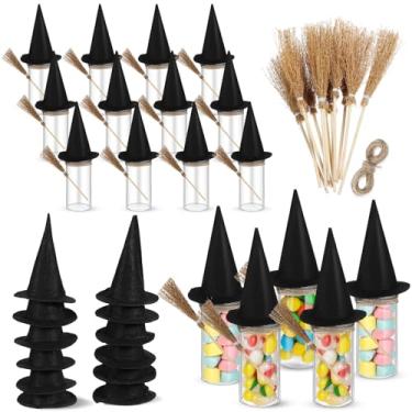 Imagem de Soulchen Conjunto de 12 tubos de plástico para doces de Halloween com mini chapéu de bruxa, mini vassouras, frascos de doces de Halloween, frascos de poção com tampas para presente de artesanato DIY