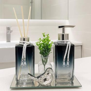 Imagem de Kit Banheiro Lavabo Completo Vidro Degrade Luxuoso Com Bandeja Vasinho Passarinho (Preto com Prata)