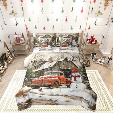 Imagem de Jogo de lençol casal reversível Feliz Natal, 7 peças, estampa rústica de caminhão vermelho, boneco de neve, cardeal de inverno, com edredom, lençol com elástico e lençol de cima