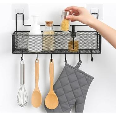 Imagem de Cesto Organizador Aramado de Metal com 6 Ganchos, 36x15x20 cm, Montagem na Parede, Retangular, para Cozinha e Banheiro