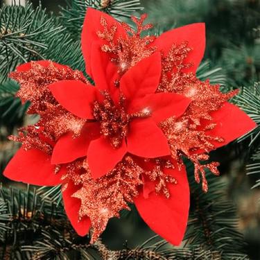 Imagem de Cliselda 30 peças de flores artificiais de Natal de poinsétias vermelhas com clipes, flores artificiais de 14 cm com glitter de 14 cm, flores de árvore de Natal, guirlanda de Natal, decoração de