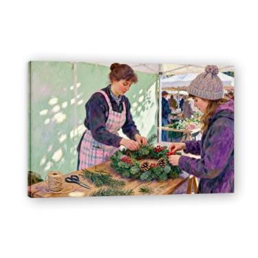 Imagem de Guirlanda feita à mão, arte em tela de Natal inspirada no impressionista, decoração de parede quente para férias com pinceladas suaves para casa 80 x 120 cm emoldurada