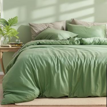 Imagem de Cozaline Conjunto de edredom king 100% algodão – verde sálvia, textura semelhante a linho, super macio e respirável, conjunto de cama leve, 3 peças de percal durável para todas as estações
