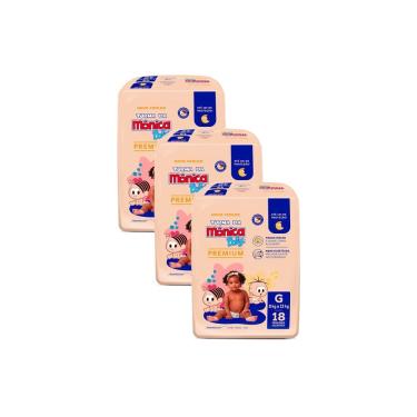 Imagem de Kit 3 Fralda Infantil Turma da Mônica Baby Premium Tamanho G Pacote Jumbo 18 Unidades