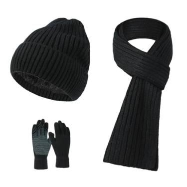 Imagem de Conjunto de luvas grossas de inverno para homens e mulheres, gorro de malha, gorro de lã, espessante, quente, cachecol, luvas listradas, preto