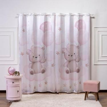 Imagem de Cortina Infantil 3,00x2,20 Estampada Tecido Cetim (Ursinha Nuvem Rosa)