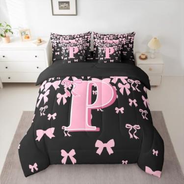 Imagem de jejeloiu Conjunto de edredom solteiro com laço fofo com laço para crianças, meninos, meninas, letra P, 7 peças, preto, rosa, coquete com laço em uma bolsa, monograma, decoração de quarto de microfibra