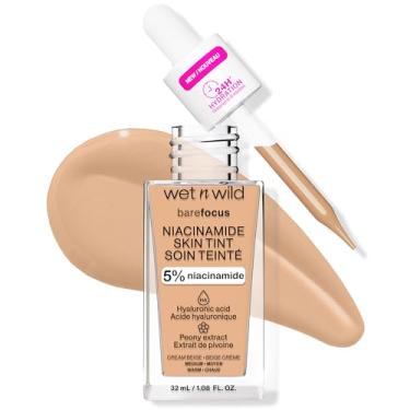Imagem de wet n wild Bare Focus Skin Tint, 5% enriquecido com niacinamida, cobertura leve e transparente montável, acabamento radiante natural, aumento de hidratação hialurônica e vitamínica, livre de crueldade